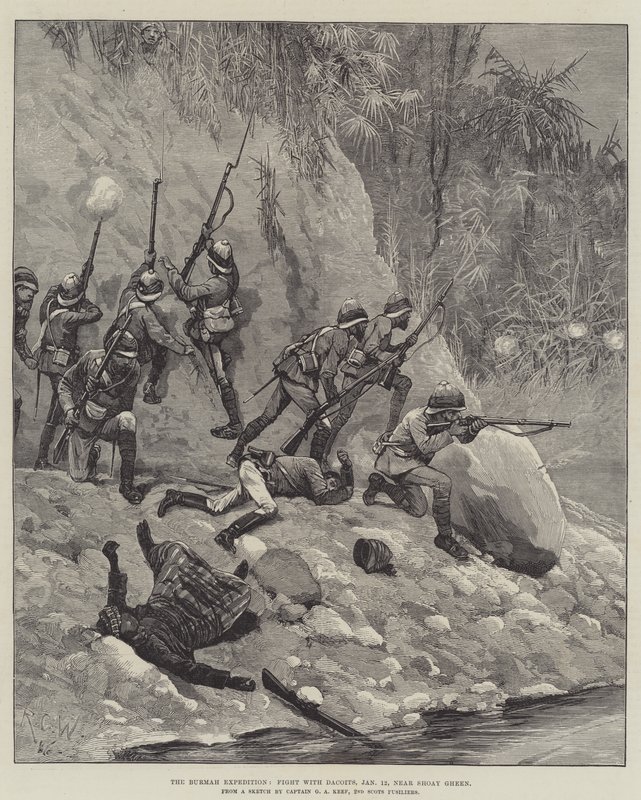 The Burmah Expedition, Boj s Dacoits, 12. ledna, poblíž Shoay Gheen od Richard Caton Woodville junior