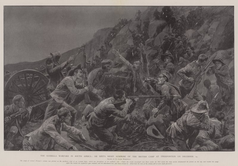 Guerilla Warfare v Jižní Africe, De Wetovo noční překvapení v britském táboře v Tweefonteinu 24. prosince od Richard Caton Woodville junior