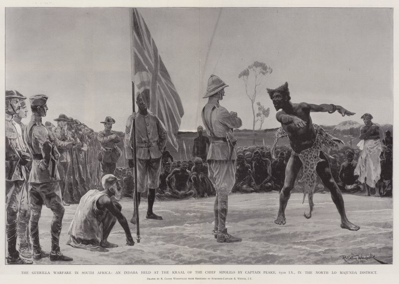 Guerilla Warfare v Jižní Africe, Indaba držená v Kraal of Chief Sipolilo kapitánem Peake, 65. císařským Yeomanry, v okrese North Lo Majunda od Richard Caton Woodville junior