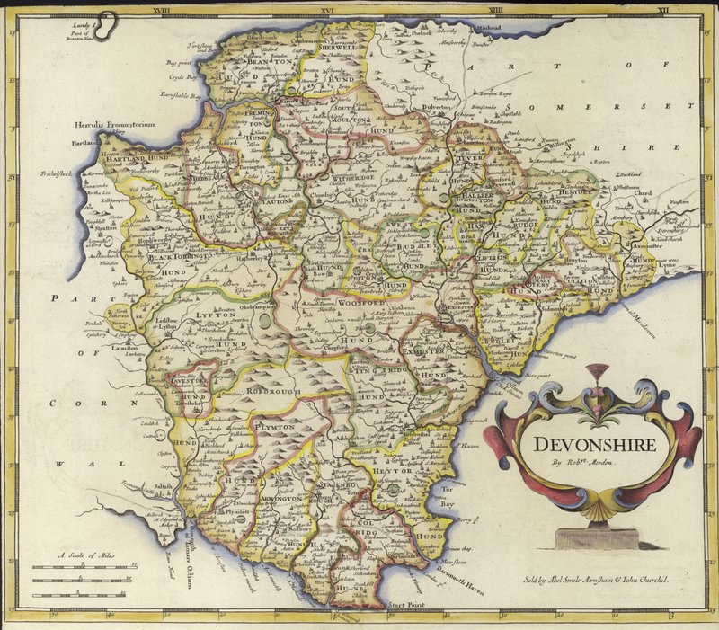 Mapa Devonshire (barevná rytina) od Robert Morden