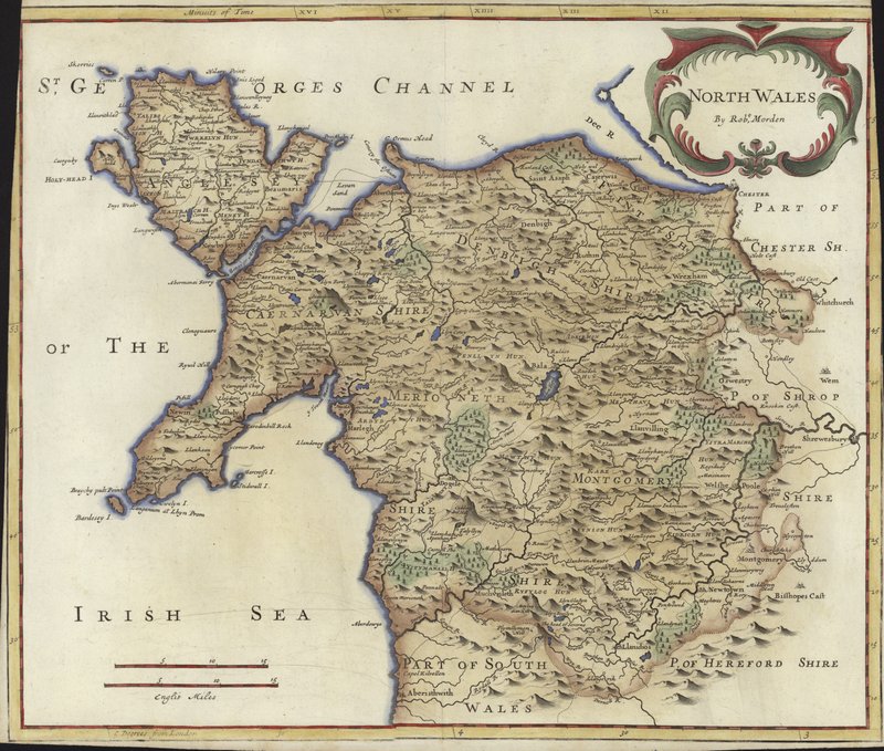 Mapa Severního Walesu (barevná rytina) od Robert Morden
