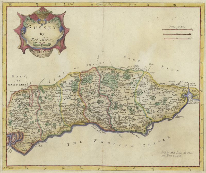 Mapa Sussexu (barevná rytina) od Robert Morden