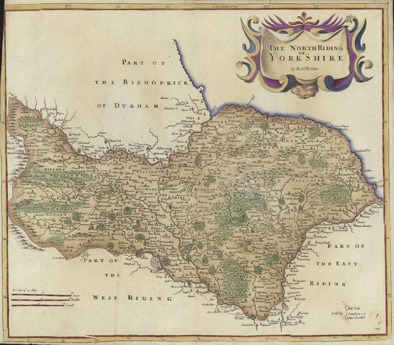 Mapa North Riding of Yorkshire (barevná rytina) od Robert Morden