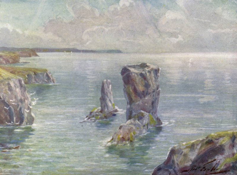 The Stacks, poblíž Tenby (barva litho) od Robert (after) Fowler