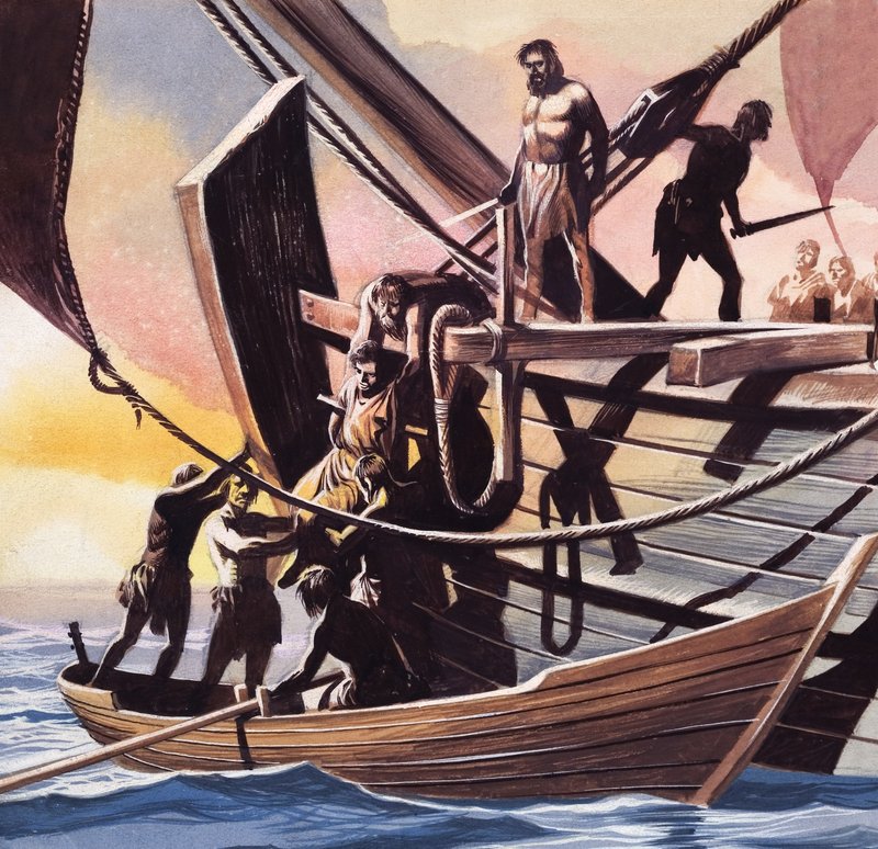 Piráti berou zajatce (kvaš na papíře) od Ron Embleton