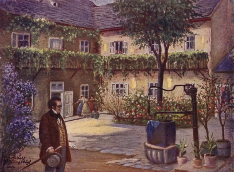 "Dreimaderlhaus" (barevné lito) od Rudolf Klingsbogl
