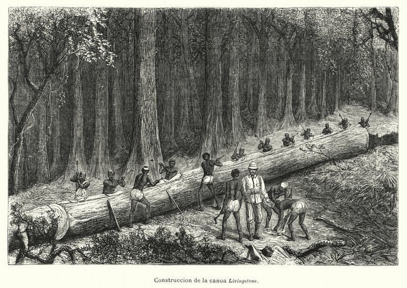 Konstrukce kánoe Livingstone, Kongo (litho) od Spanish School