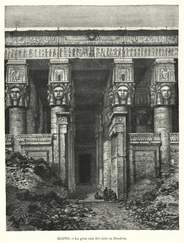 Chrám Hathor, Dendera, Egypt (litho) od Spanish School