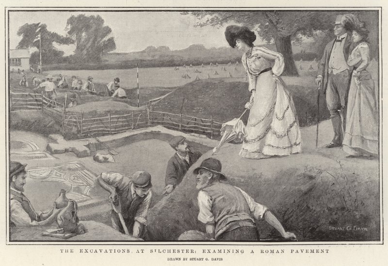 Vykopávky v Silchesteru, zkoumání římské dlažby litho od Stuart G. Davis