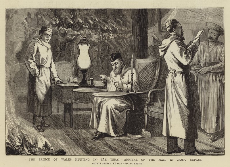 Princ z Walesu na lovu v Terai, Příjezd Mail in Camp, Nepaul od Theodore Blake Wirgman