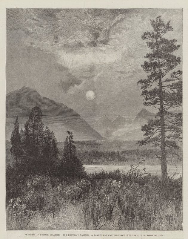 Náčrtky v Britské Kolumbii, údolí Kootenay, slavný starý kemp, nyní místo města Kootenay od Thomas Moran