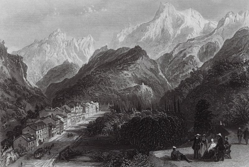 Eaux Bonnes v Pyrenejích (rytina) od Thomas (after) Allom