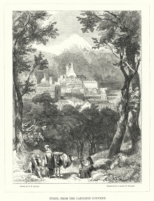 Turín, z kapucínského kláštera (rytina) od Thomas Brabazon Aylmer