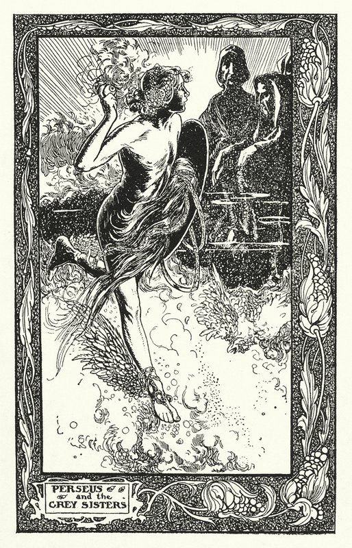 Perseus a Šedé sestry (litografie) od Thomas Heath Robinson