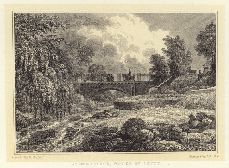 Stockbridge, Water of Leith (rytina) od Thomas Hosmer (after) Shepherd