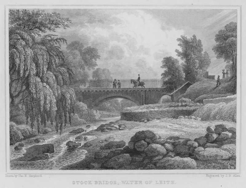 Stock Bridge, Water of Leith (rytina) od Thomas Hosmer Shepherd