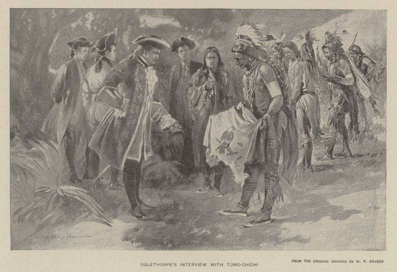 Oglethorpeův rozhovor s Tomochichi (litho) od W. P. Snyder