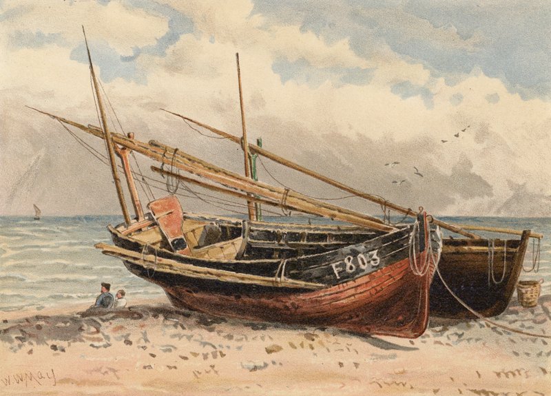 Francouzské rybářské lodě, "Etretat" (barevná litografie) od Walter William May