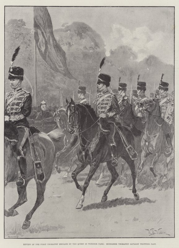 Recenze First Yeomanry Brigade královnou ve Windsor Park, Middlesex Yeomanry Cavalry klusající minulostí od William Barnes Wollen