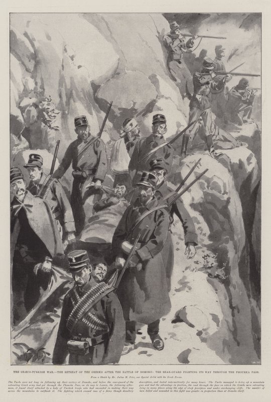 Řecko-turecká válka, ústup Řeků po bitvě u Domoku, boj zadního voje v průsmyku Phourka od William Barnes Wollen