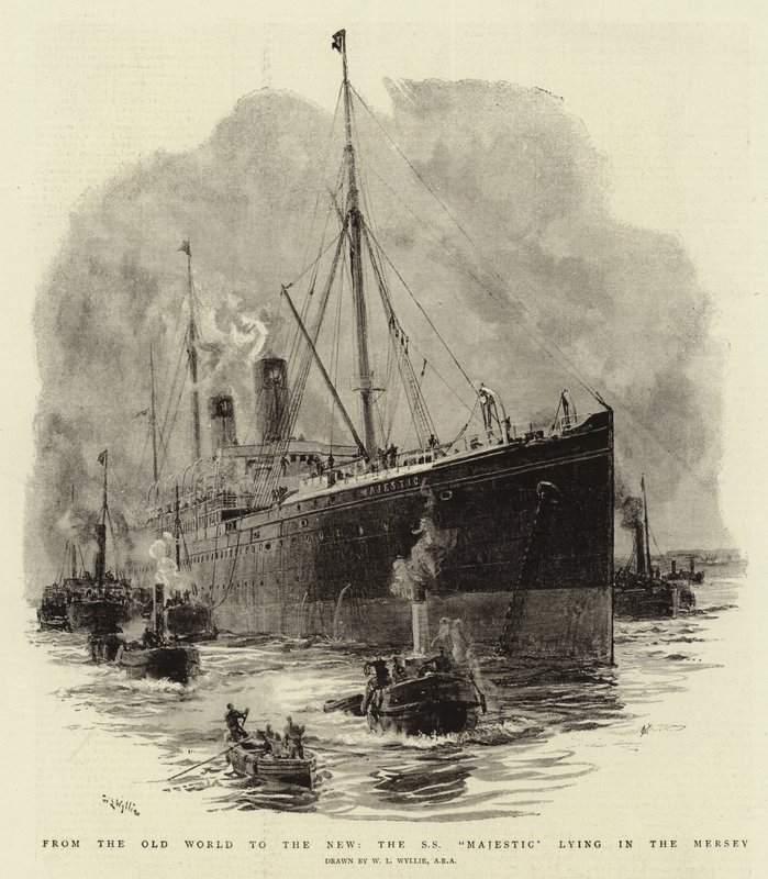 Ze starého světa do nového, S S Majestic leží v Mersey od William Lionel Wyllie