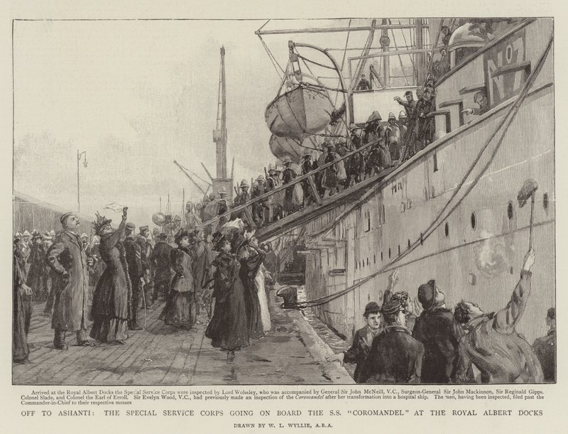 Odjeli do Ashanti, Sbor speciálních služeb nastoupil na palubu SS Coromandel v Royal Albert Docks od William Lionel Wyllie