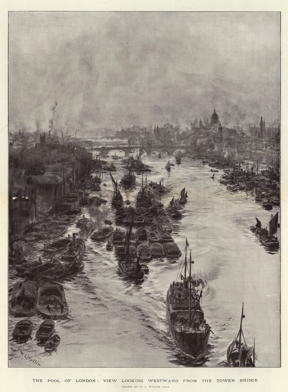 The Pool of London, pohled na západ z Tower Bridge od William Lionel Wyllie