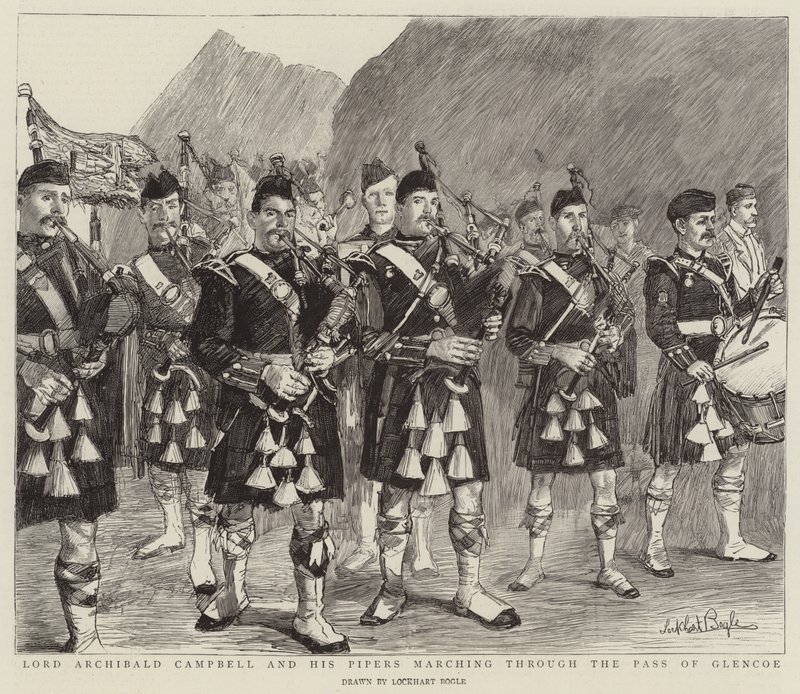 Lord Archibald Campbell a jeho Pipers pochodují průsmykem Glencoe od William Lockhart Bogle
