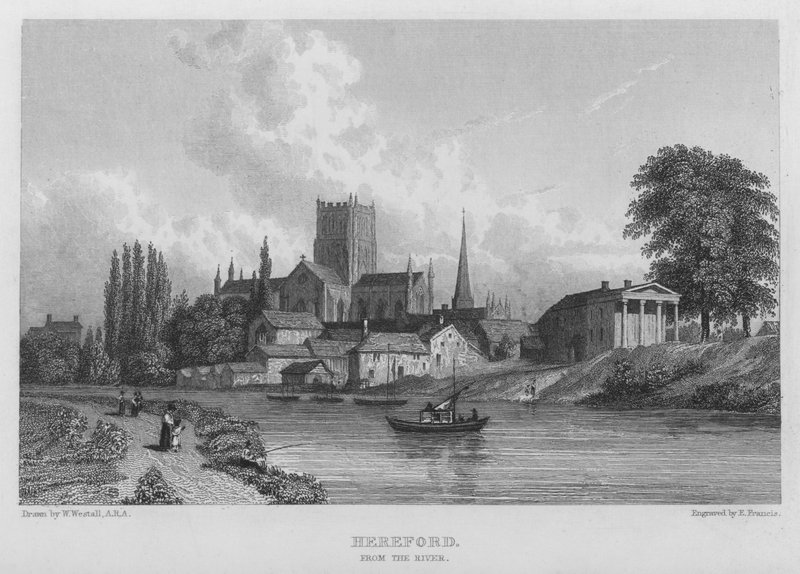 Hereford, od řeky (rytina) od William (after) Westall