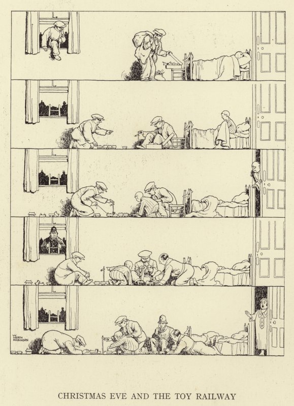 Štědrý den a železnice s hračkami od William Heath Robinson