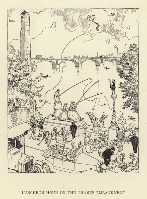 Hodina oběda na nábřeží Temže od William Heath Robinson