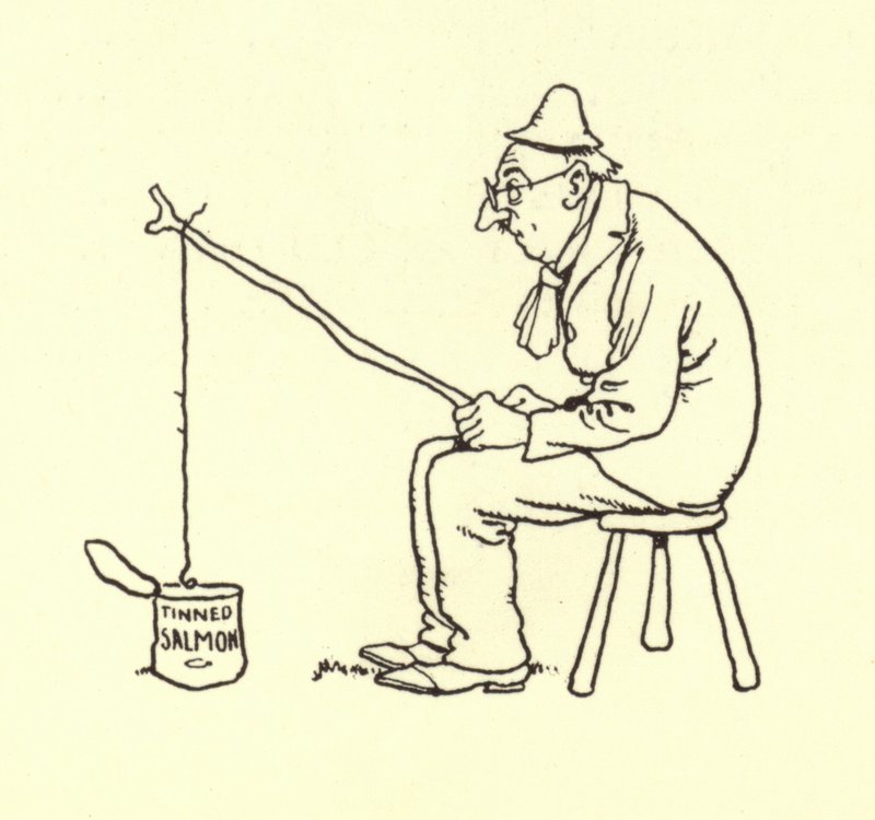 Muž loví lososa v konzervě od William Heath Robinson