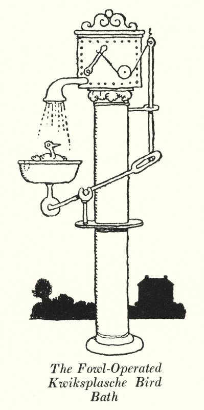 Ptačí lázeň Kwiksplasche provozovaná drůbeží (litho) od William Heath Robinson