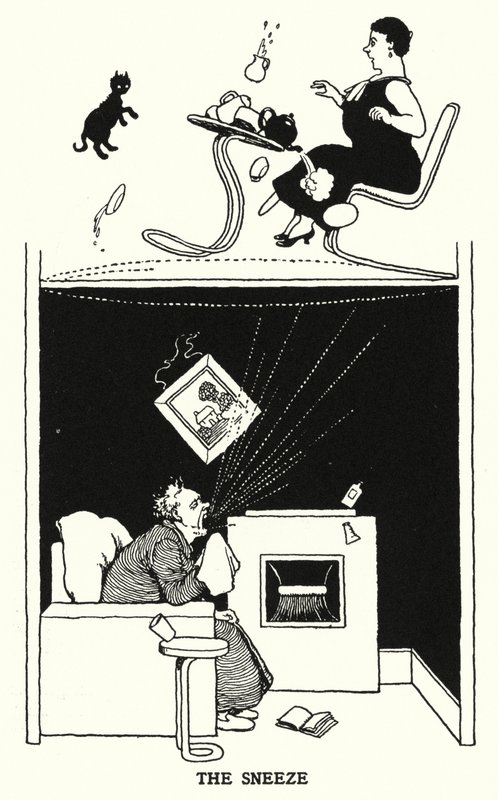 Kýchání (litho) od William Heath Robinson