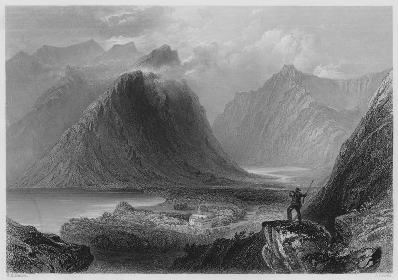 Delphi Lodge, Connemara (rytina) od William Henry (after) Bartlett