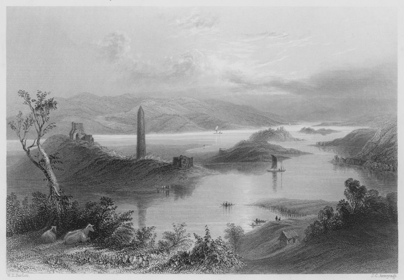 Devenish Island, Loch Erne (rytina) od William Henry (after) Bartlett