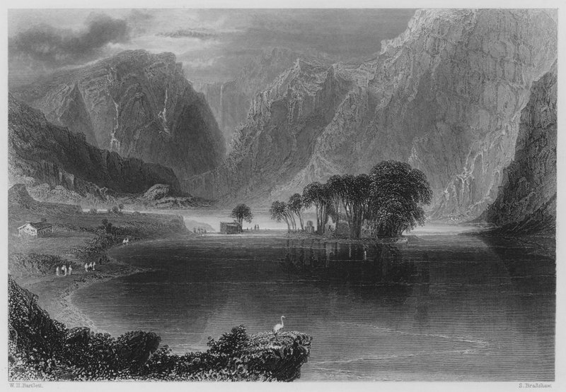 Gougane Barra (rytina) od William Henry (after) Bartlett