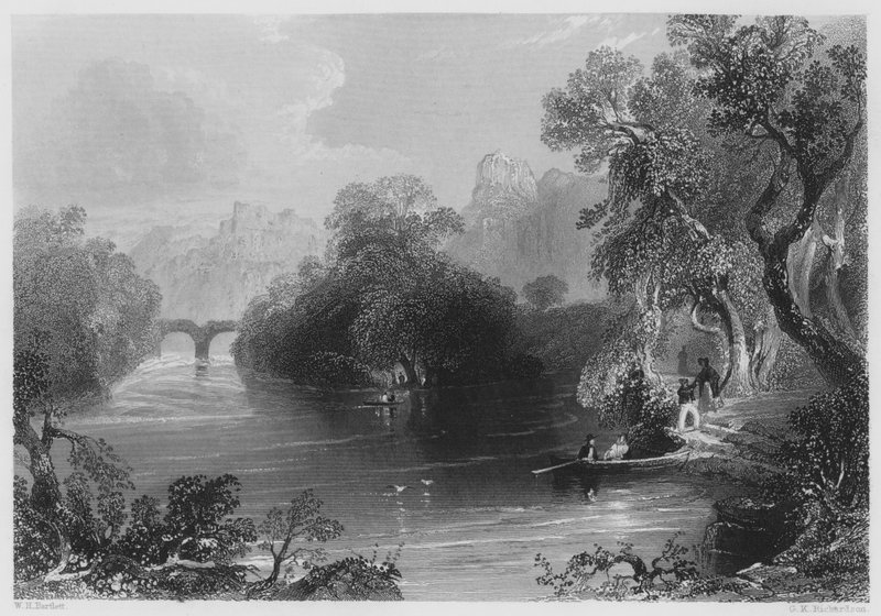 Old Weir Bridge, Killarney (rytina) od William Henry (after) Bartlett