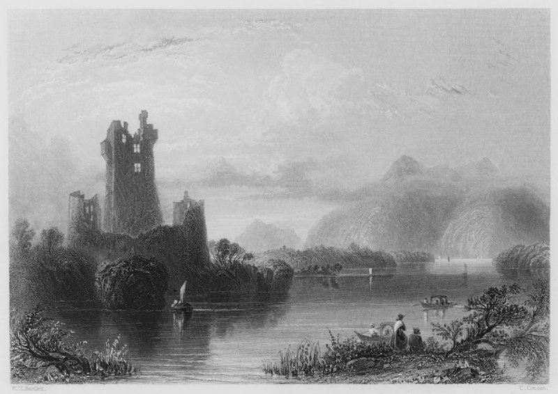 Ross Castle, Killarney (rytina) od William Henry (after) Bartlett
