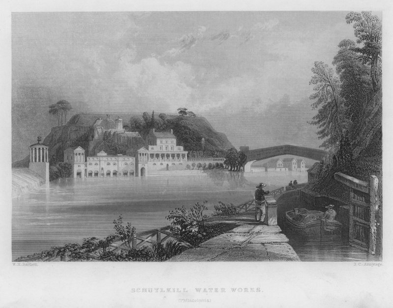 Schuylkill Water Works, Philadelphia (rytina) od William Henry Bartlett