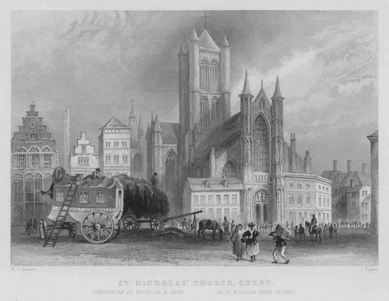 Kostel svatého Mikuláše, Gent (rytina) od William Henry Bartlett