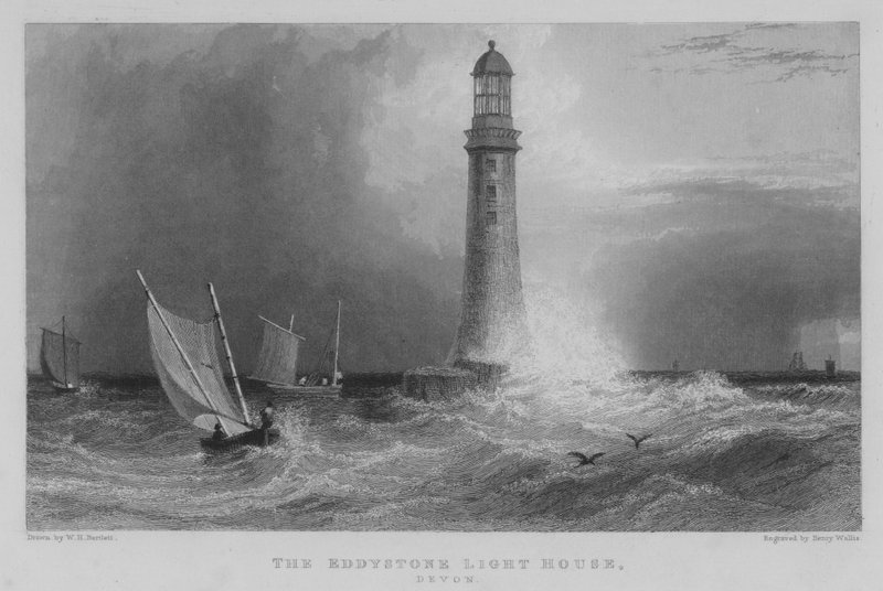 Eddystone Light House, Devon (rytina) od William Henry Bartlett