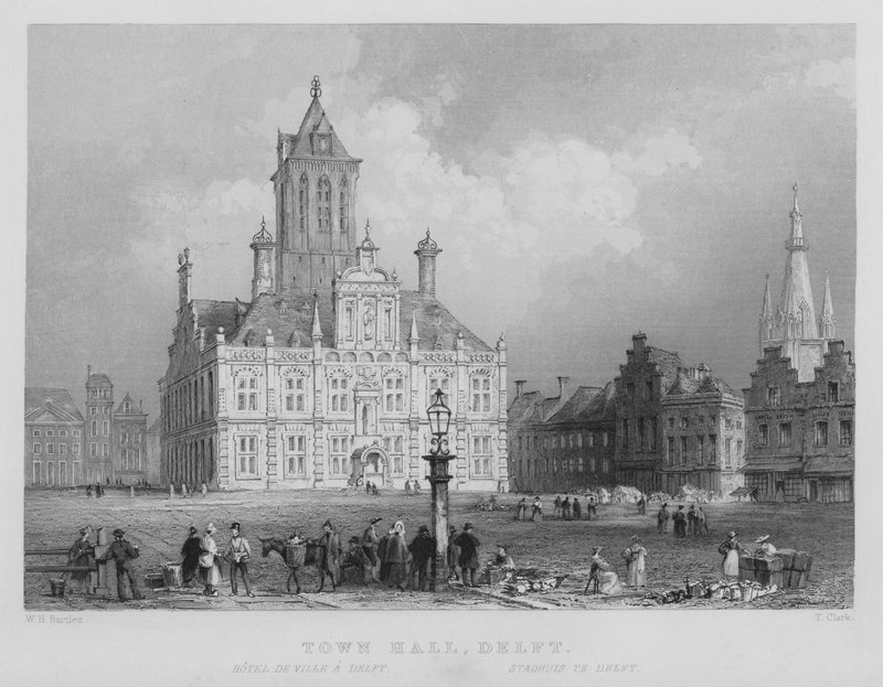 Radnice, Delft (rytina) od William Henry Bartlett