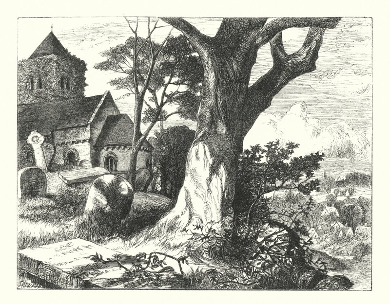 Hřbitov vesnice (rytina) od William Paton Burton