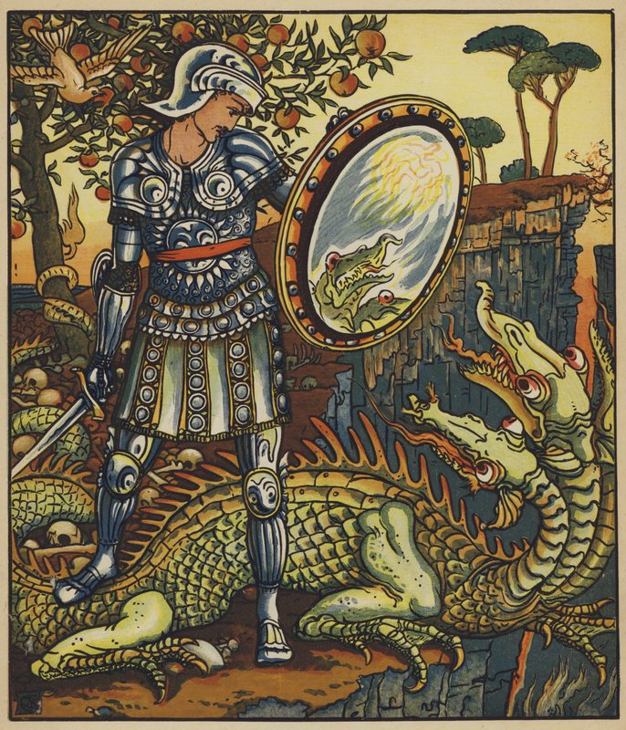 Princ Cheri a drak od after Walter Crane
